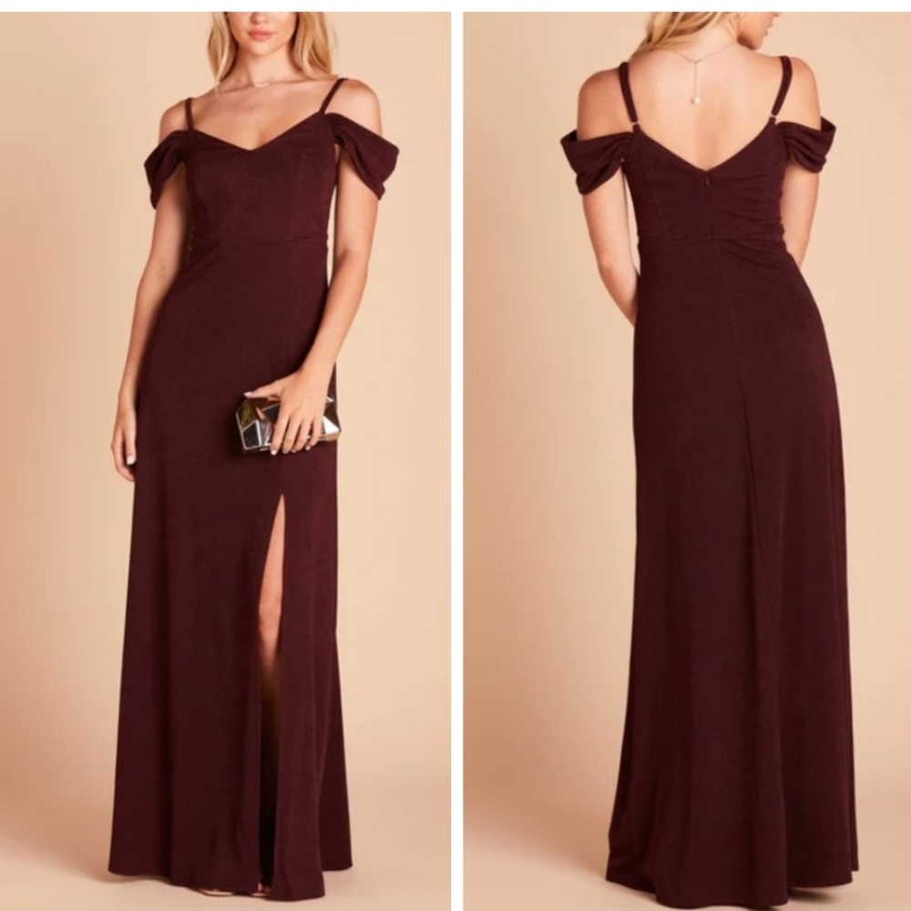 NWT Birdy Grey Dev maxi dress in crepe cabernet maroon off the shoulder slit M